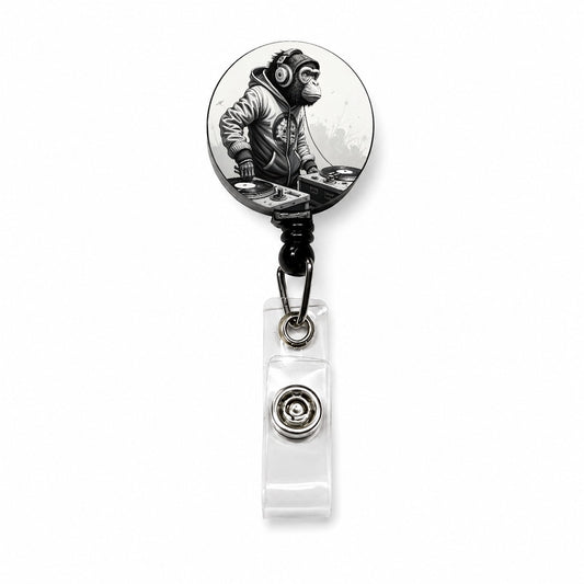 DJ Monkey with Headphones B&W Retractable ID Key Card Name Tag Badge Holder with Clip