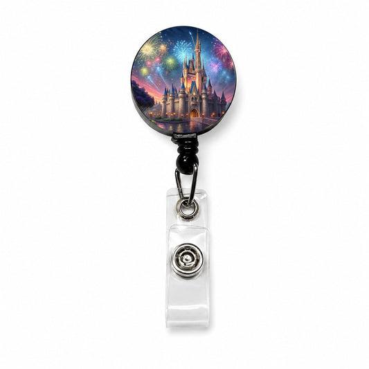 Fantasy Kingdom Castle Fireworks at Night Retractable ID Key Card Name Tag Badge Holder with Clip