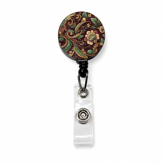 Floral Victorian Decorative Pattern Retractable ID Key Card Name Tag Badge Holder with Clip