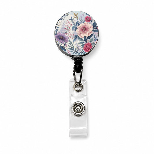 Flower Floral Pink Purple Pattern Retractable ID Key Card Name Tag Badge Holder with Clip