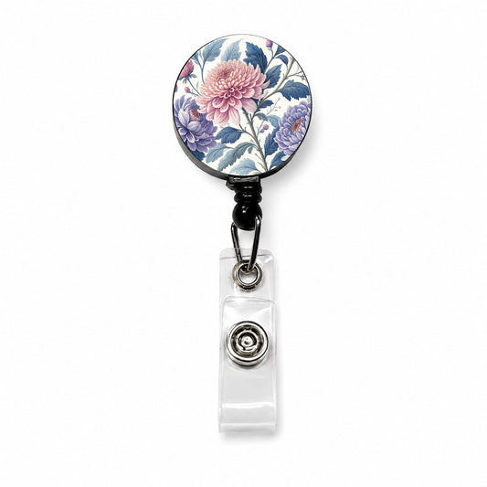 Flowers Pink Blue Purple Pattern Retractable ID Key Card Name Tag Badge Holder with Clip