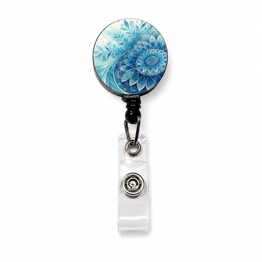 Fractal Art Blue Flower Pattern Watercolor Style Retractable ID Key Card Name Tag Badge Holder with Clip