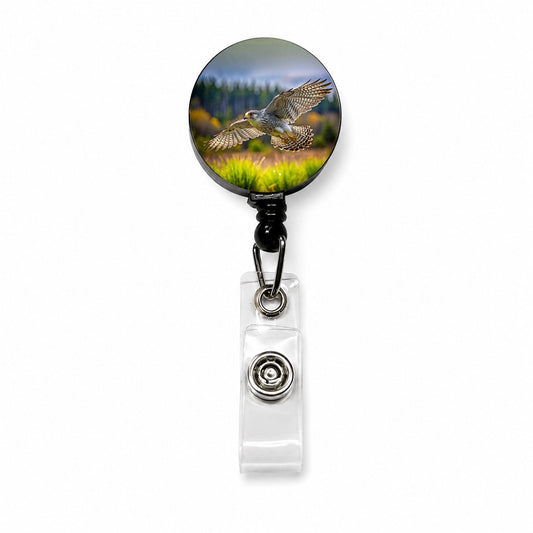 Gyrfalcon Raptor in Flight Retractable ID Key Card Name Tag Badge Holder with Clip