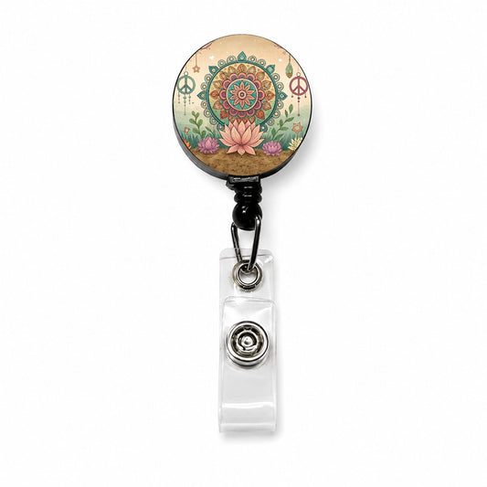 Hippie Yoga Peace Mandala Flower Retractable ID Key Card Name Tag Badge Holder with Clip