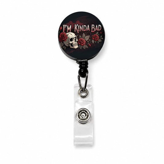 I'm Kinda Bad Skull Red Roses Retractable ID Key Card Name Tag Badge Holder with Clip