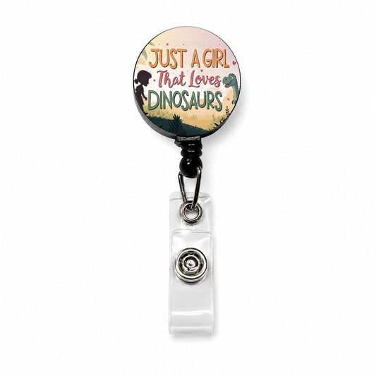 Just A Girl That Loves Dinosaurs Funny Retractable ID Key Card Name Tag Badge Holder with Clip