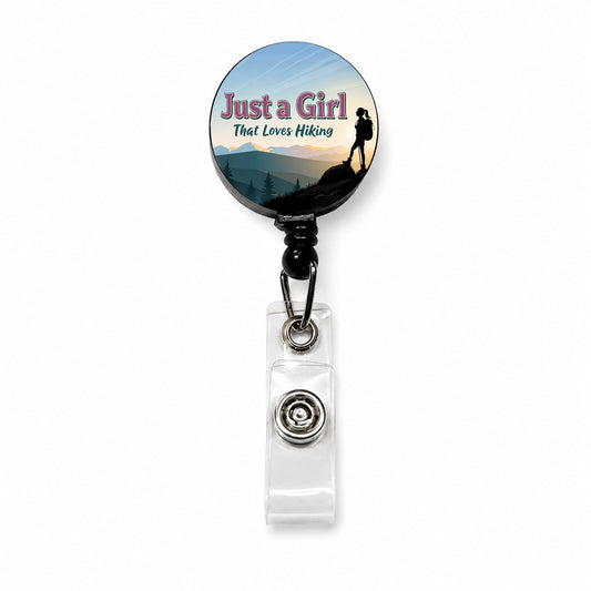 Just A Girl That Loves Hiking Funny Retractable ID Key Card Name Tag Badge Holder with Clip