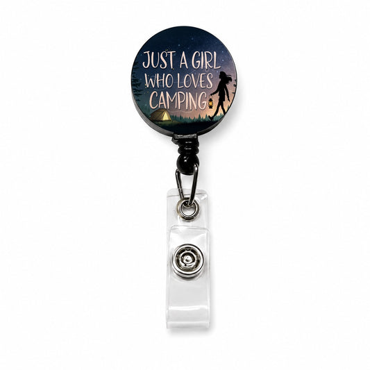 Just A Girl Who Loves Camping Funny Retractable ID Key Card Name Tag Badge Holder with Clip