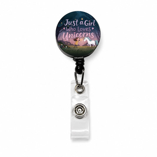 Just A Girl Who Loves Unicorns Cute Fantasy Retractable ID Key Card Name Tag Badge Holder with Clip