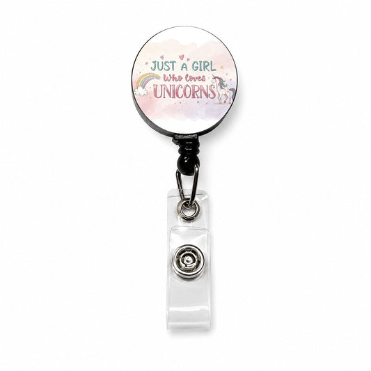 Just A Girl Who Loves Unicorns Fantasy Sweet Retractable ID Key Card Name Tag Badge Holder with Clip