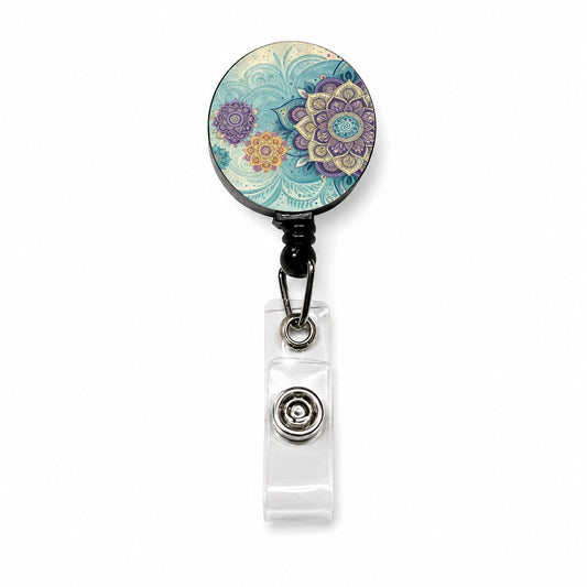 Mandalas Blue Purple Floral Pattern Retractable ID Key Card Name Tag Badge Holder with Clip