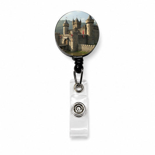 Medieval Castle with Moat Retractable ID Key Card Name Tag Badge Holder with Clip