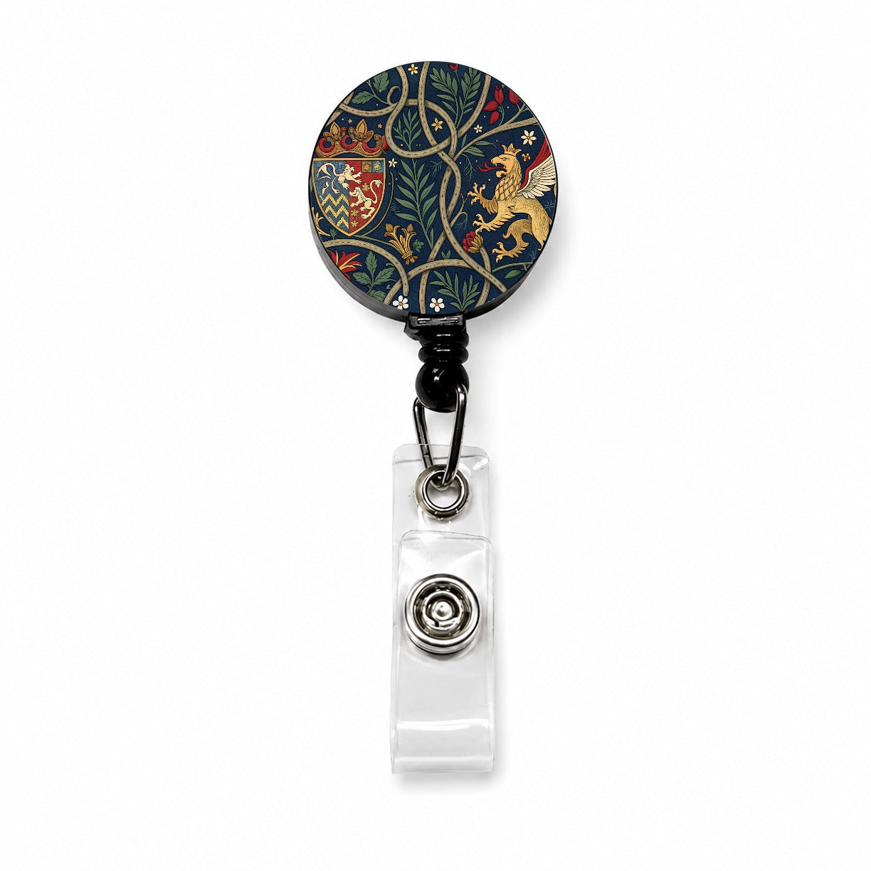 Medieval Ornamentation Griffin Shield Pattern Retractable ID Key Card Name Tag Badge Holder with Clip