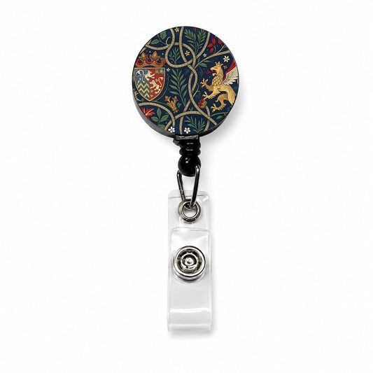 Medieval Ornamentation Griffin Shield Pattern Retractable ID Key Card Name Tag Badge Holder with Clip