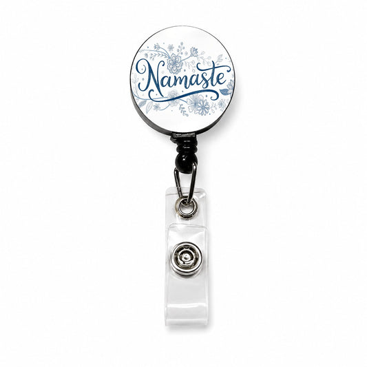 Namaste Blue Floral Retractable ID Key Card Name Tag Badge Holder with Clip