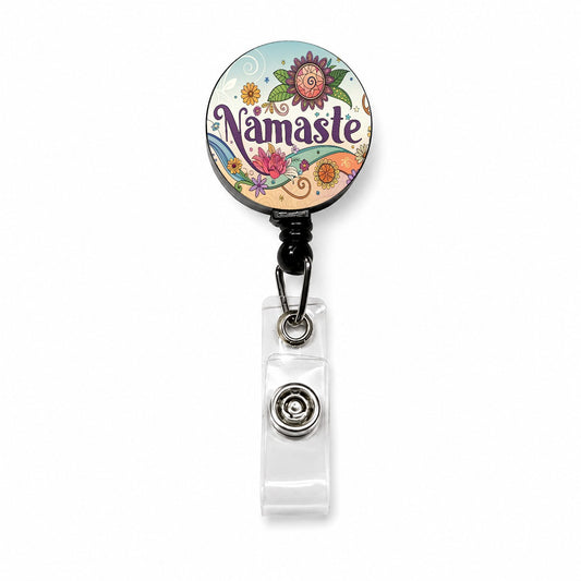 Namaste Hippie Retro Peace Flowers Retractable ID Key Card Name Tag Badge Holder with Clip