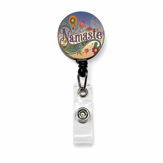 Namaste Yoga Hippie Flower Power Retractable ID Key Card Name Tag Badge Holder with Clip