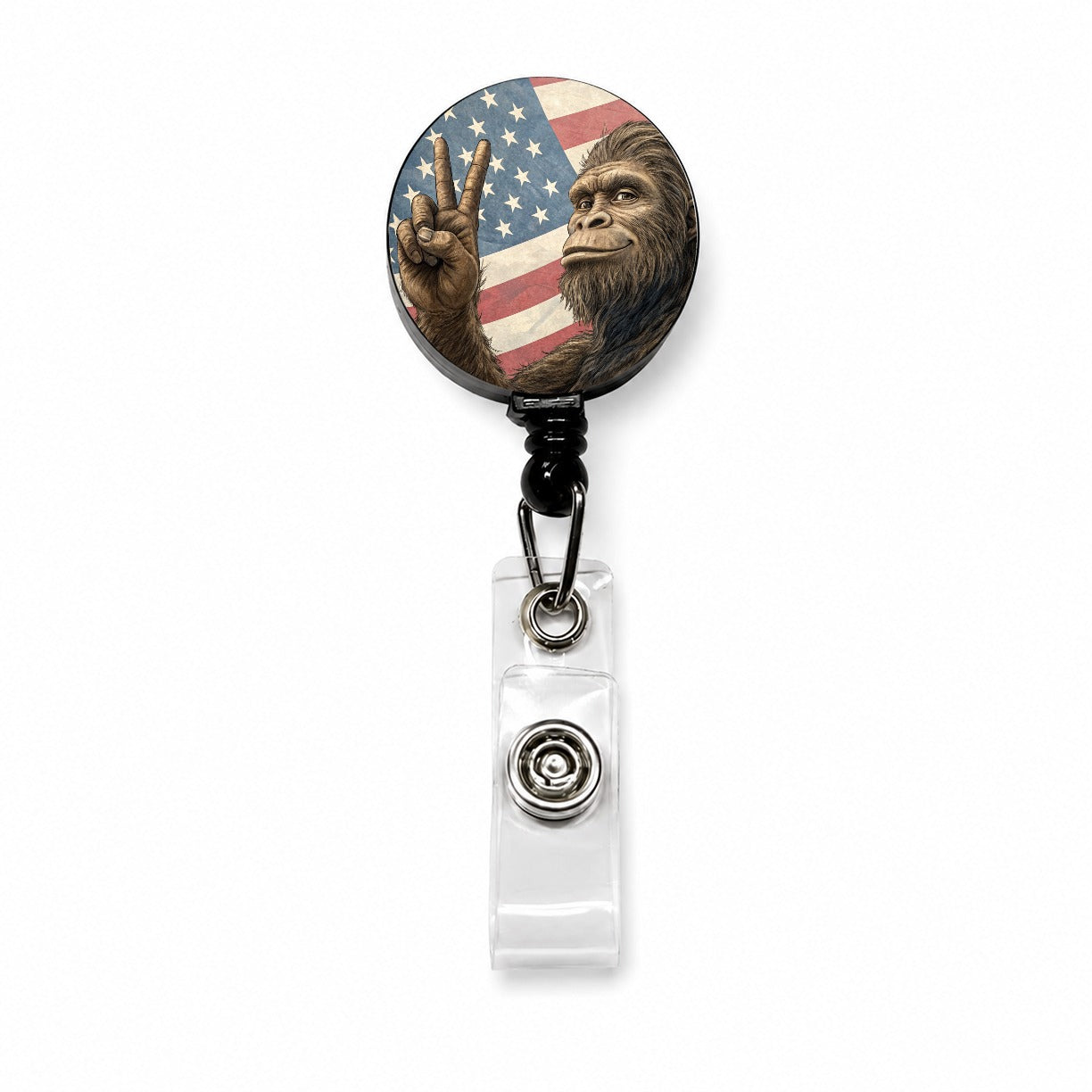 Patriotic Bigfoot Giving The Peace Sign Retractable ID Key Card Name Tag Badge Holder with Clip