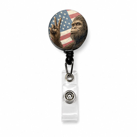 Patriotic Bigfoot Giving The Peace Sign Retractable ID Key Card Name Tag Badge Holder with Clip