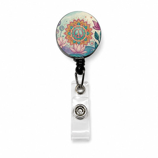 Peace Sign Symbols Mandala Flower Retractable ID Key Card Name Tag Badge Holder with Clip