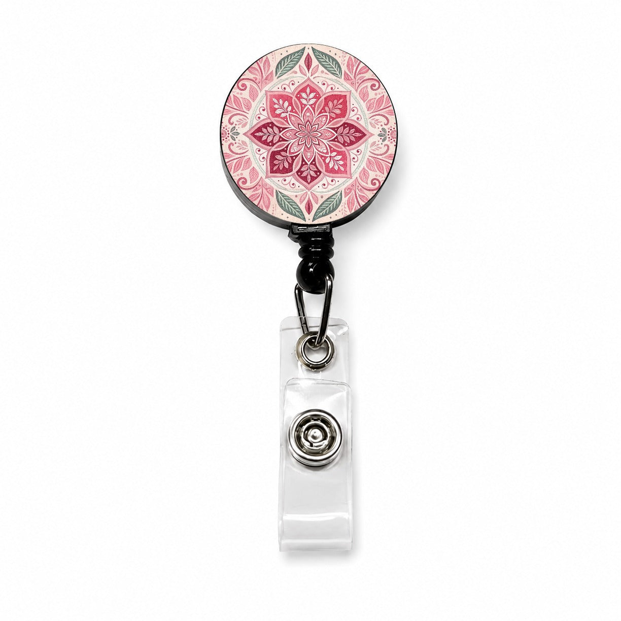 Pink Symmetrical Artistic Floral Pattern Retractable ID Key Card Name Tag Badge Holder with Clip