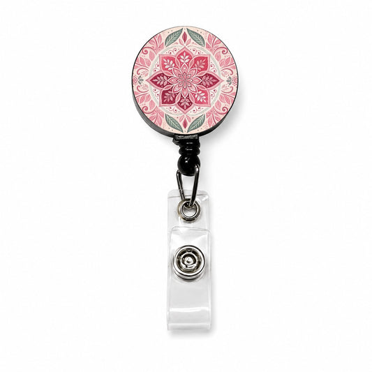 Pink Symmetrical Artistic Floral Pattern Retractable ID Key Card Name Tag Badge Holder with Clip