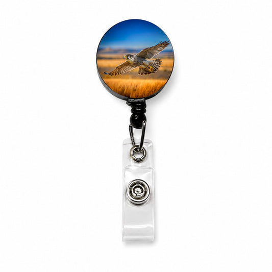 Prairie Falcon Raptor in Flight Retractable ID Key Card Name Tag Badge Holder with Clip
