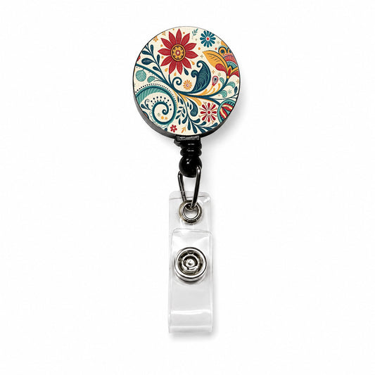 Traditional Folk Art Floral Pattern Retractable ID Key Card Name Tag Badge Holder with Clip