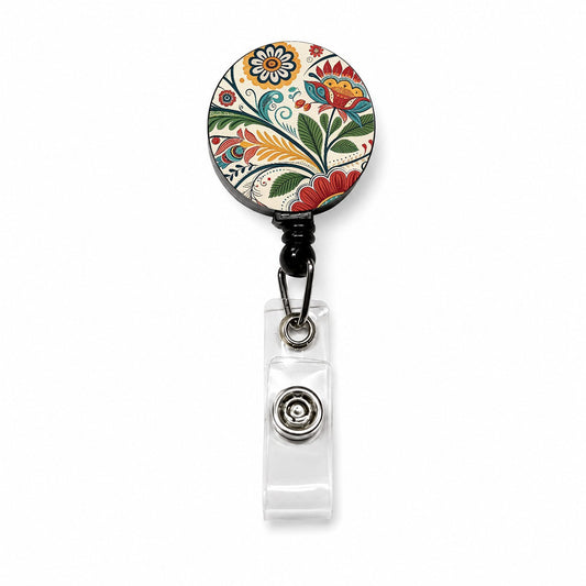 Traditional Folk Art Flowers Leaves Pattern Retractable ID Key Card Name Tag Badge Holder with Clip