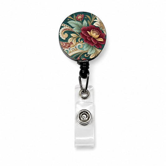 Victorian Decorative Floral Pattern Retractable ID Key Card Name Tag Badge Holder with Clip