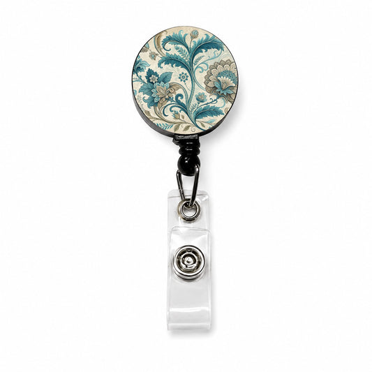 Victorian Decorative Flowers Leaves Pattern Retractable ID Key Card Name Tag Badge Holder with Clip