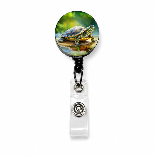 Yellow Bellied Slider Turtle Watercolor Retractable ID Key Card Name Tag Badge Holder with Clip