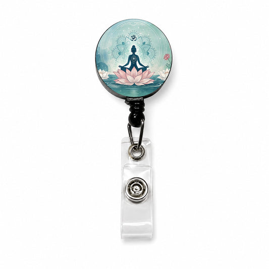 Yoga Meditation Lotus Flower Om Aum Retractable ID Key Card Name Tag Badge Holder with Clip