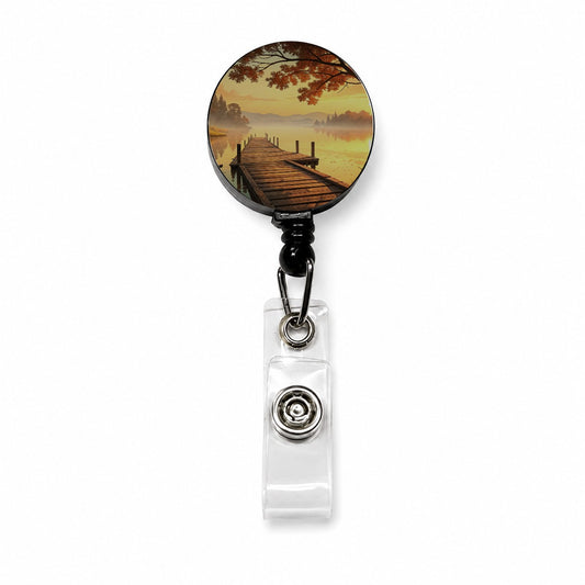 Autumn Lake Dock Sunset Retractable ID Key Card Name Tag Badge Holder with Clip