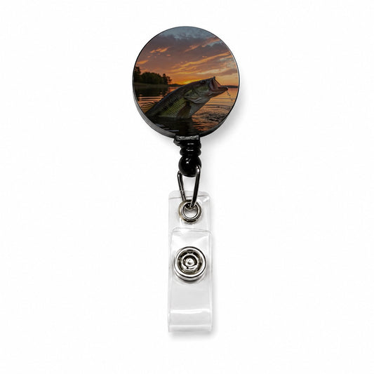Bass Fish Fishing Sunset Retractable ID Key Card Name Tag Badge Holder with Clip