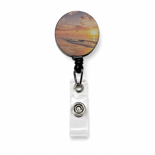 Beach Sunrise Ocean Retractable ID Key Card Name Tag Badge Holder with Clip