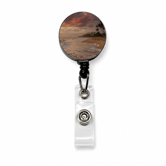 Beach Sunset Tropical Ocean Island Retractable ID Key Card Name Tag Badge Holder with Clip