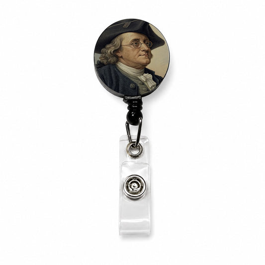 Benjamin Franklin Inventor Retractable ID Key Card Name Tag Badge Holder with Clip