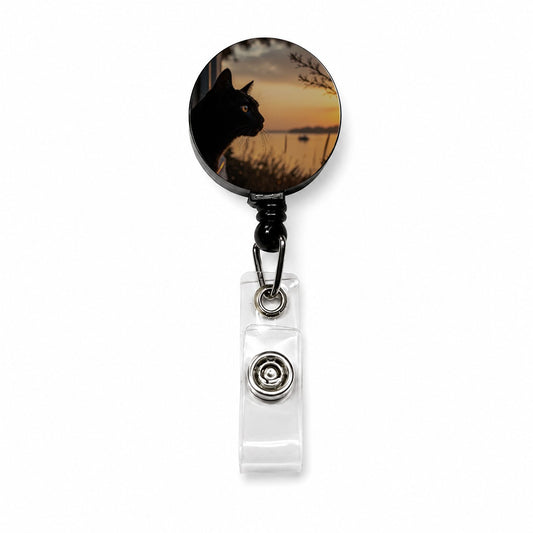Black Cat Sunset Window Retractable ID Key Card Name Tag Badge Holder with Clip