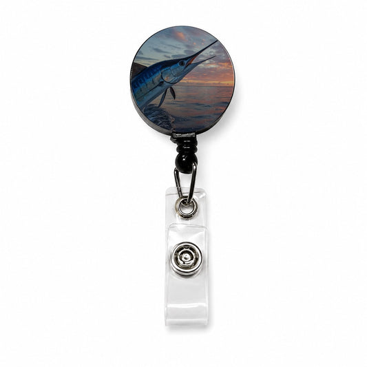 Blue Marlin Fishing Sunset Retractable ID Key Card Name Tag Badge Holder with Clip