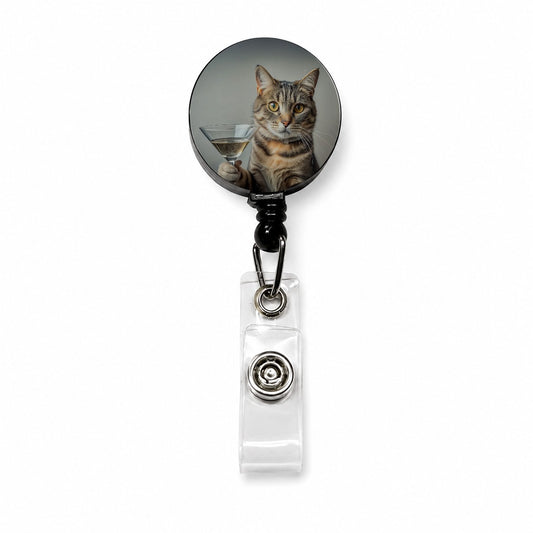 Cat Martini Glass Funny Retractable ID Key Card Name Tag Badge Holder with Clip