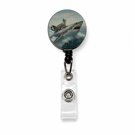 Cat Riding Shark Funny Retractable ID Key Card Name Tag Badge Holder with Clip