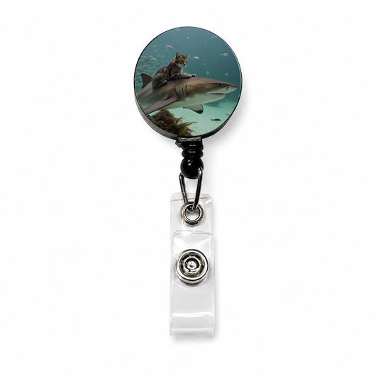 Cat Riding Shark Under Water Retractable ID Key Card Name Tag Badge Holder with Clip