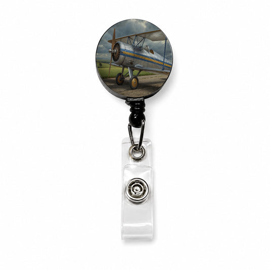 Classic Biplane Vintage Aircraft Retractable ID Key Card Name Tag Badge Holder with Clip