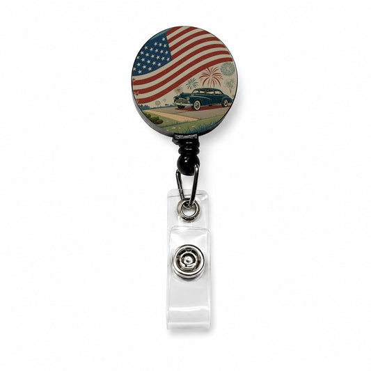 Classic USA Flag Celebration Patriotic Retractable ID Key Card Name Tag Badge Holder with Clip