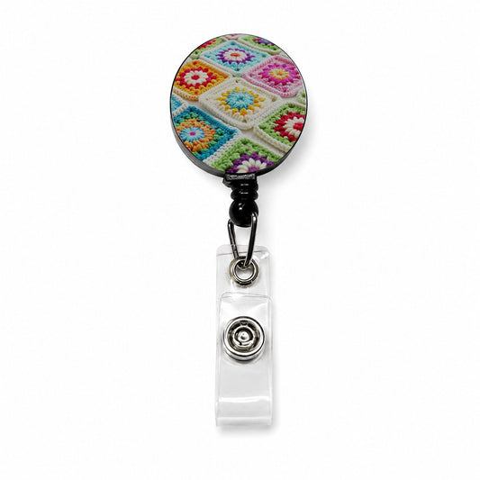 Colorful Crochet Granny Squares Retractable ID Key Card Name Tag Badge Holder with Clip