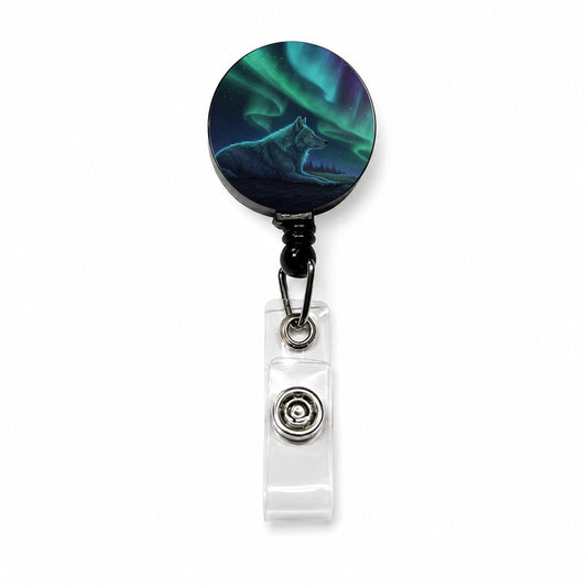 Cosmic Wolf Northern Lights Retractable ID Key Card Name Tag Badge Holder with Clip