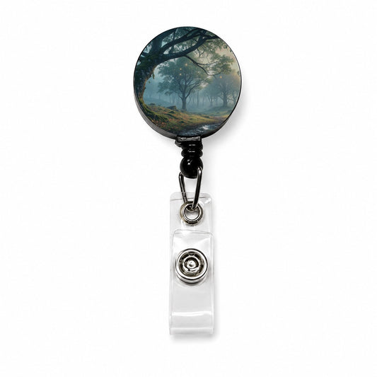 Enchanted Woodland Forest Landscape Retractable ID Key Card Name Tag Badge Holder with Clip