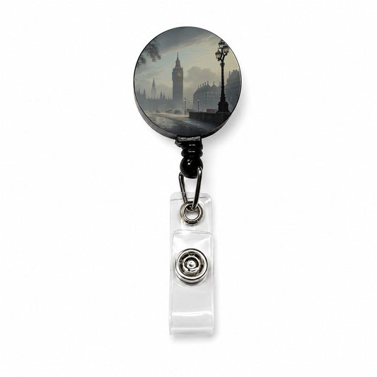 Foggy London England Cityscape Retractable ID Key Card Name Tag Badge Holder with Clip
