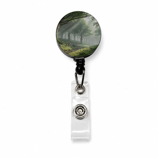 Foggy Woodland Forest Landscape Retractable ID Key Card Name Tag Badge Holder with Clip